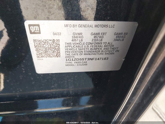 Chevrolet lfv - direct injection, variable valve timing, gen 1 gmna 2022 1G1ZD5ST3NF147183 Image 9
