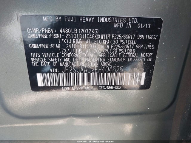 Subaru 2.5na u5 2014 JF2SJAAC2EH404626 Image 9