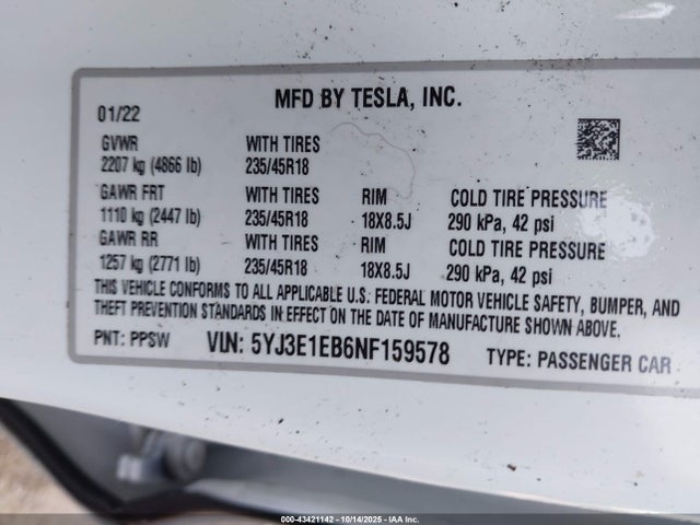2022 TESLA MODEL 3 5YJ3E1EB6NF159578 Photo 8