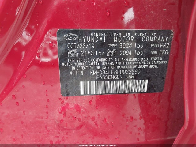 2020 Hyundai Elantra Sel მანქანა იყიდება აუქციონზე, vin: KMHD84LF8LU022290, აუქციონის ნომერი: 43421478