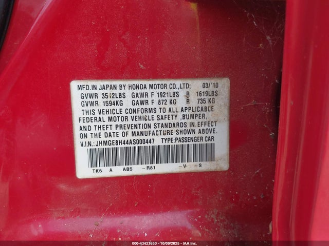 Продаж на аукціоні авто 2010 Honda Fit Sport, vin: JHMGE8H44AS000447, номер лоту: 43421650