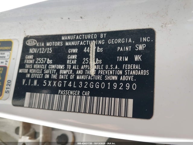 Продаж на аукціоні авто 2016 Kia Optima Lx, vin: 5XXGT4L32GG019290, номер лоту: 43421720