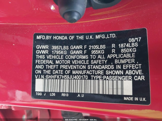 SHHFK7H59JU400170 Honda l15ba