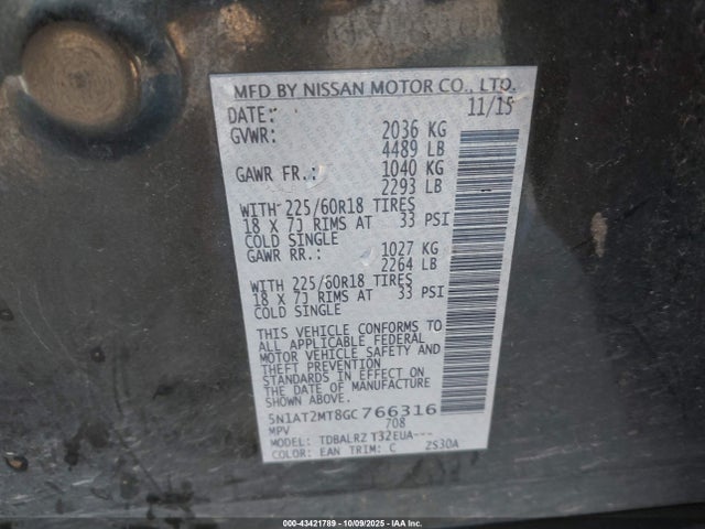 5N1AT2MT8GC766316 Nissan Rogue Sl