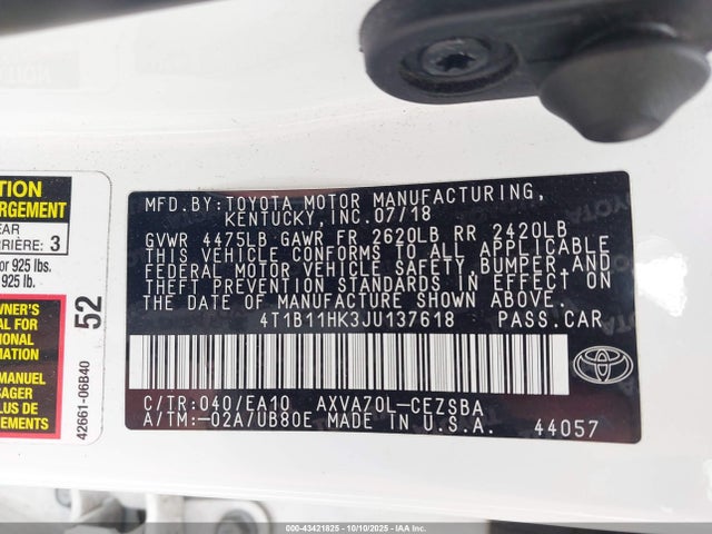 4T1B11HK3JU137618 Toyota CAMRY SE