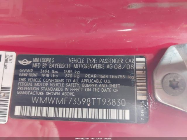 2008 MINI COOPER S WMWMF73598TT93830 Photo 8