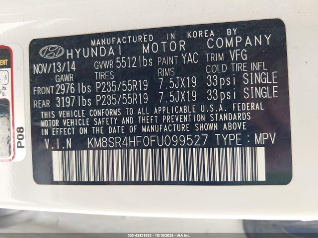 Hyundai dohc gdi lambda ii 2015 KM8SR4HF0FU099527 Image 9