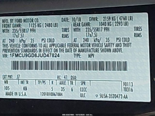 2018 FORD ESCAPE 1FMCU9GD8JUD47824 Photo 8