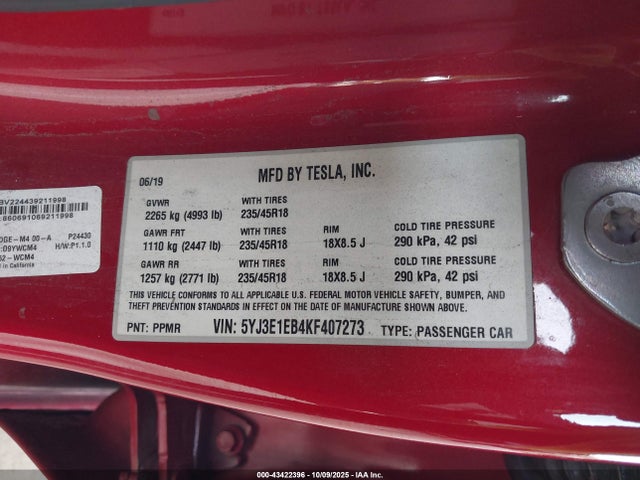 2019 TESLA MODEL 3 5YJ3E1EB4KF407273 Photo 8