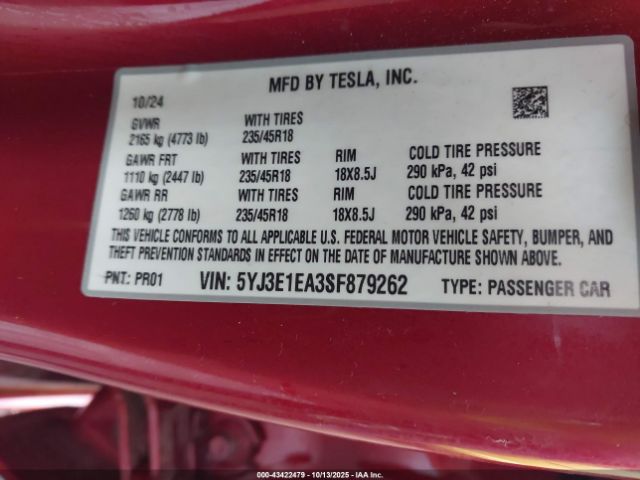 2025 TESLA MODEL 3 5YJ3E1EA3SF879262 Photo 8