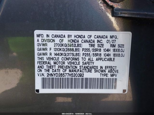 2007 ACURA MDX 2HNYD28577H520392 Photo 8