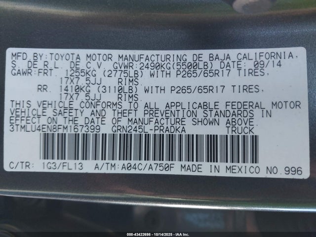 Toyota Tacoma Base V6 2015 3TMLU4EN8FM167399 Image 9