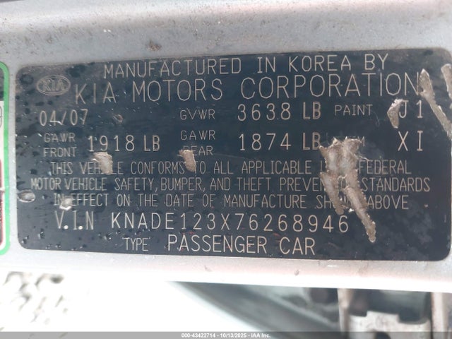 Aukcja sprzedaży 2007 Kia Rio Lx, vin: KNADE123X76268946, numer aukcji: 43422714