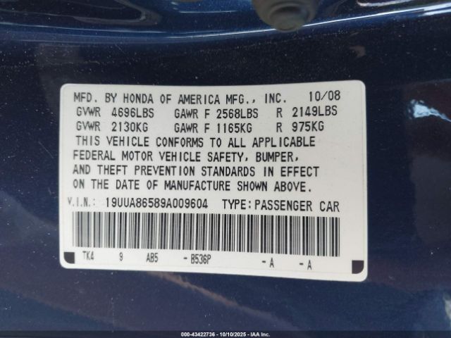 2009 ACURA TL 19UUA86589A009604 Photo 8