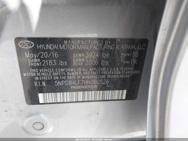 5NPD84LF7HH080526 Hyundai 2017