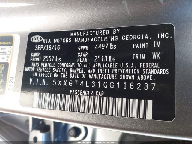 5XXGT4L31GG116237 KIA t-gdi theta ii