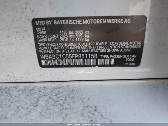 43423588 :رقم المزاد ، WBA3C1C55FP851158 vin ، 2015 Bmw 328i مزاد بيع