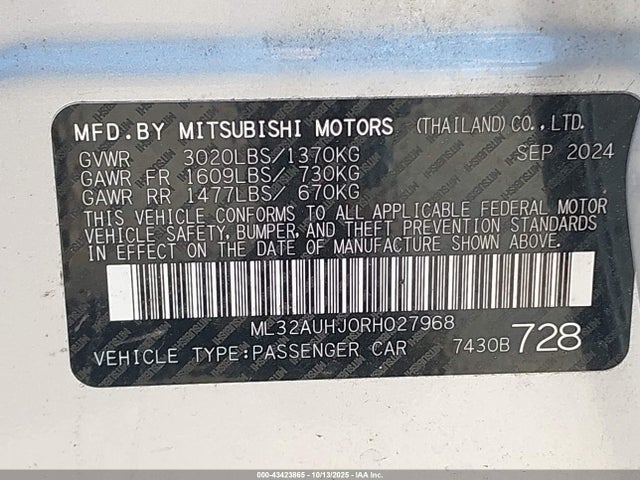 43423865 :رقم المزاد ، ML32AUHJ0RH027968 vin ، 2024 Mitsubishi Mirage Es/le مزاد بيع