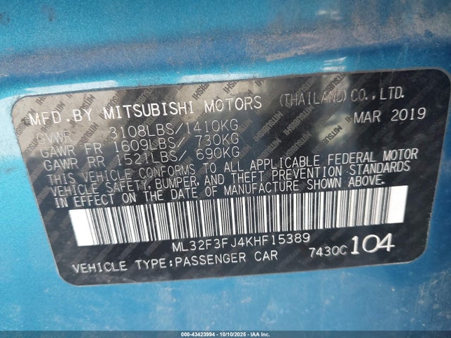 Продажа на аукционе авто 2019 Mitsubishi Mirage G4 Es, vin: ML32F3FJ4KHF15389, номер лота: 43423994
