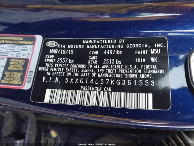 2019 KIA OPTIMA 5XXGT4L37KG361553 Photo 8