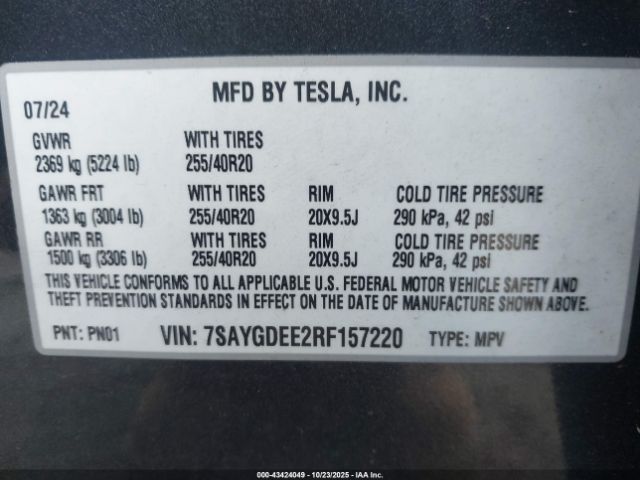 2024 TESLA MODEL Y 7SAYGDEE2RF157220 Photo 8