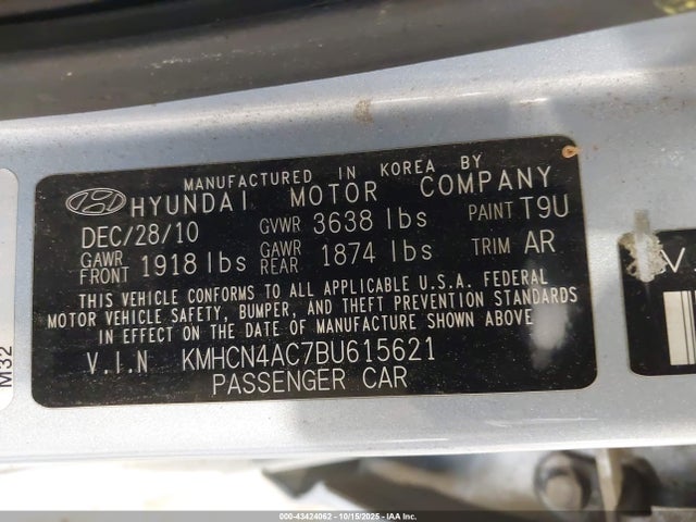 Продажа на аукционе авто 2011 Hyundai Accent Gls, vin: KMHCN4AC7BU615621, номер лота: 43424062