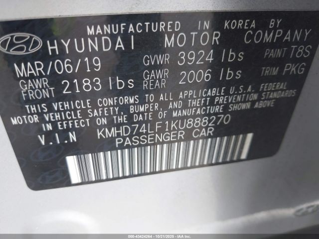 2019 HYUNDAI ELANTRA KMHD74LF1KU888270 Photo 8