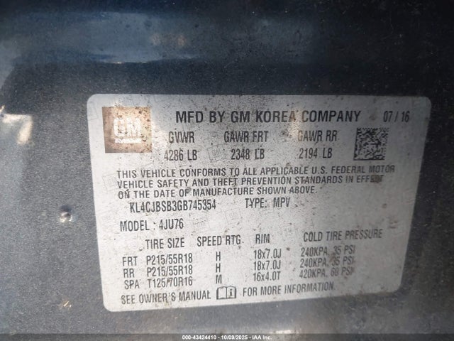 Aukcja sprzedaży 2016 Buick Encore Convenience, vin: KL4CJBSB3GB745354, numer aukcji: 43424410