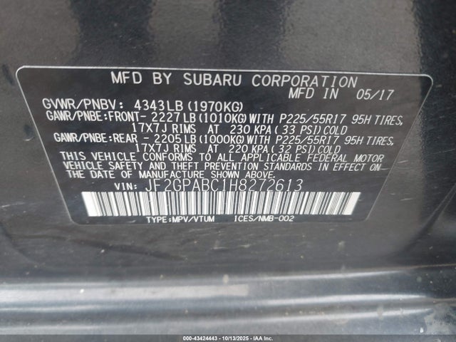 Aukcja sprzedaży 2017 Subaru Crosstrek 2.0i Premium, vin: JF2GPABC1H8272613, numer aukcji: 43424443