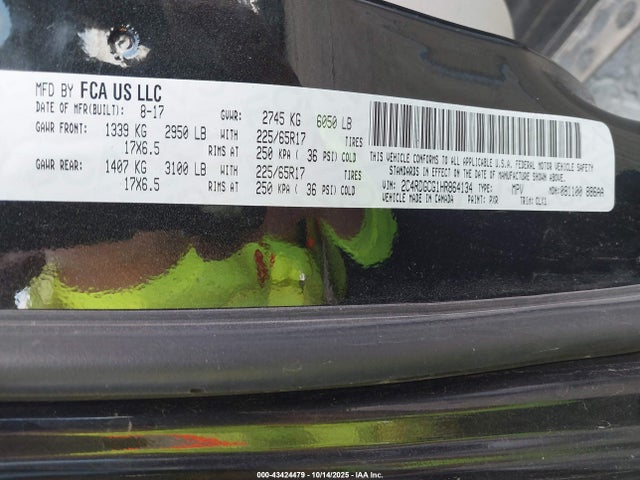 Продажа на аукционе авто 2017 Dodge Grand Caravan Sxt, vin: 2C4RDGCG1HR864134, номер лота: 43424479