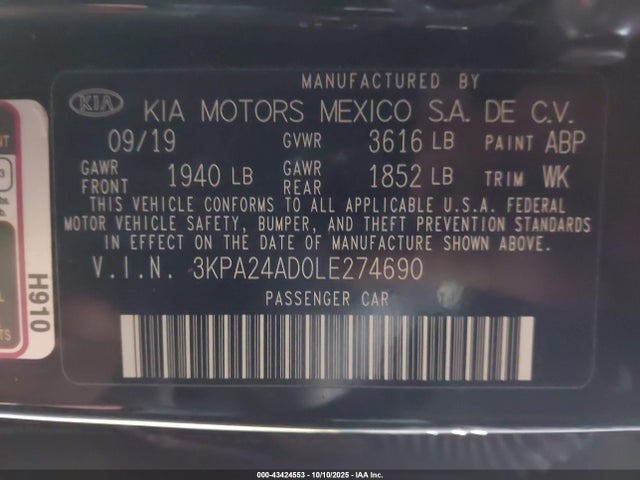 Продаж на аукціоні авто 2020 Kia Rio S, vin: 3KPA24AD0LE274690, номер лоту: 43424553