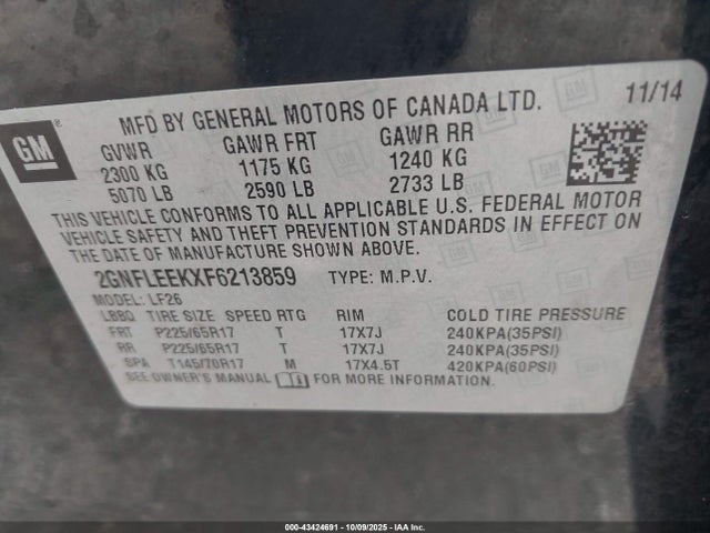 2GNFLEEKXF6213859 Chevrolet lea - flex fuel (gas/alc), aluminum, ho,