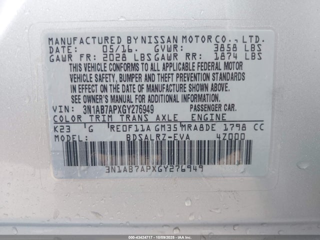 Nissan Sentra 2016 3N1AB7APXGY276949 Image 9