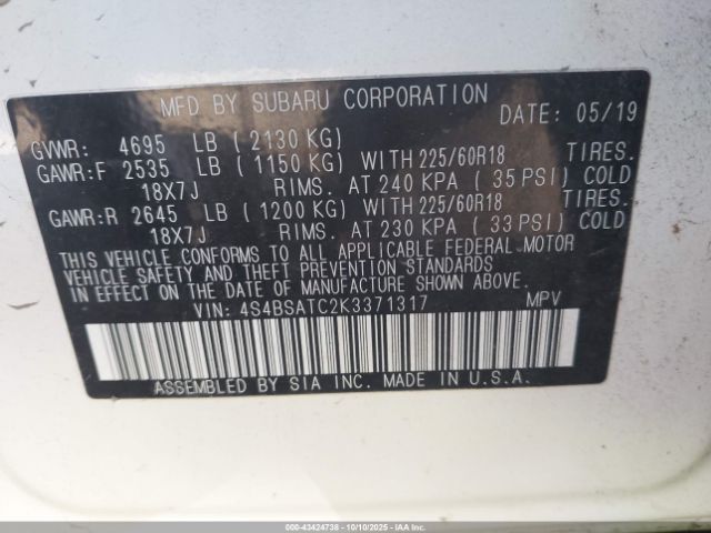 2019 SUBARU OUTBACK 4S4BSATC2K3371317 Photo 8