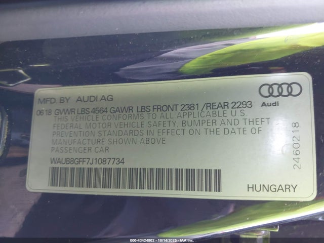 Продаж на аукціоні авто 2018 Audi A3 2.0t Tech Premium, vin: WAUB8GFF7J1087734, номер лоту: 43424802