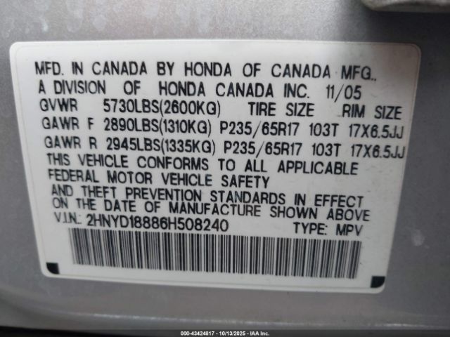 2006 ACURA MDX 2HNYD18886H508240 Photo 8