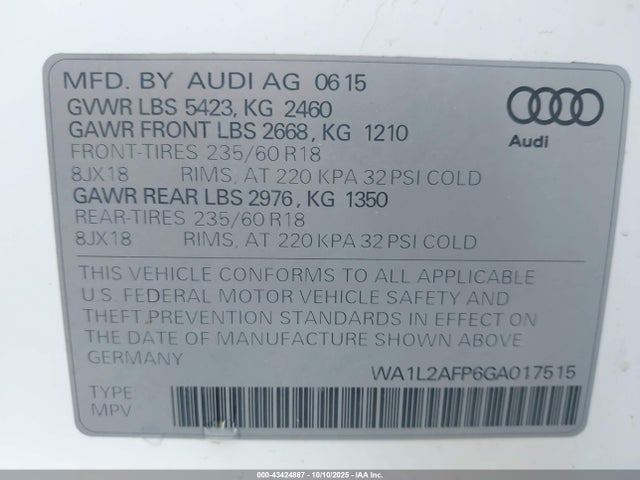2016 Audi Q5 2.0t Premium მანქანა იყიდება აუქციონზე, vin: WA1L2AFP6GA017515, აუქციონის ნომერი: 43424887