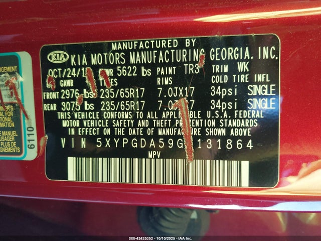 5XYPGDA59GG131864 KIA Sorento 3.3l Lx