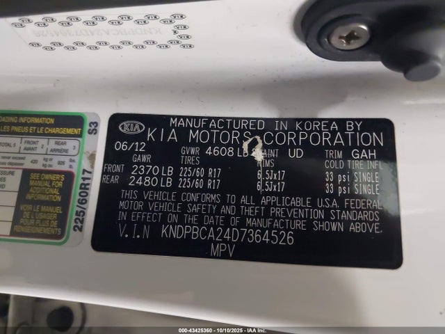 Продажа на аукционе авто 2013 Kia Sportage Lx, vin: KNDPBCA24D7364526, номер лота: 43425360