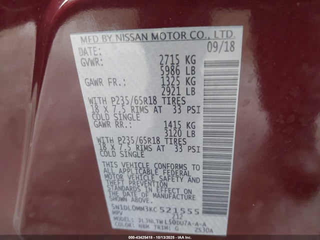 Продажа на аукционе авто 2019 Infiniti Qx60 Luxe, vin: 5N1DL0MM3KC521555, номер лота: 43425418