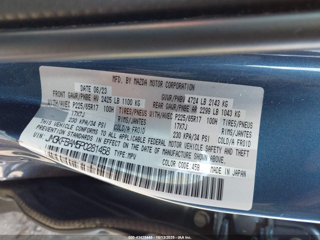 43425445 :رقم المزاد ، JM3KFBAM5P0281458 vin ، 2023 Mazda Cx-5 2.5 S مزاد بيع