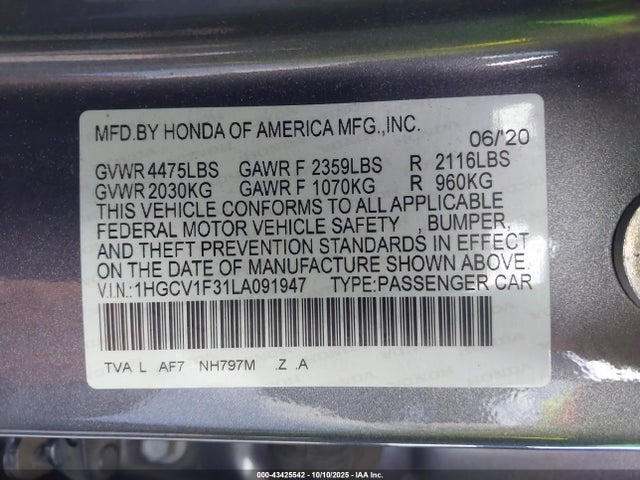 1HGCV1F31LA091947 Honda l15be