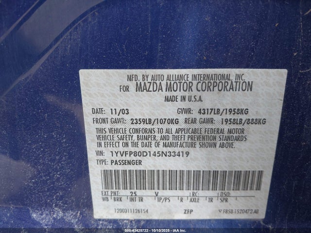 43425722 :رقم المزاد ، 1YVFP80D145N33419 vin ، 2004 Mazda Mazda6 S مزاد بيع