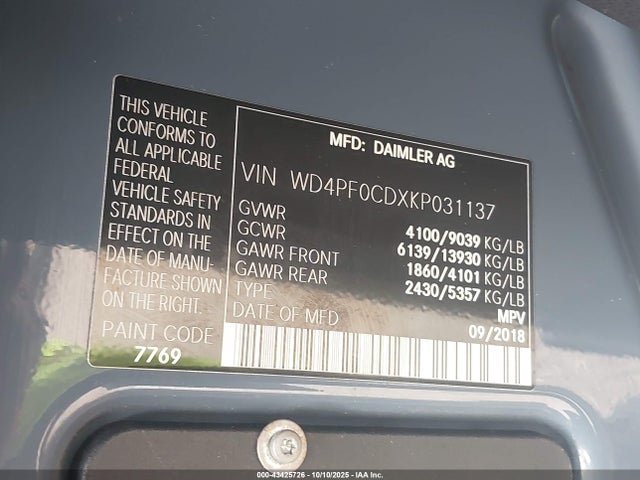 WD4PF0CDXKP031137 Mercedes-Benz Sprinter 2500 Standard Roof V6