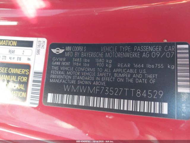 2007 MINI COOPER S WMWMF73527TT84529 Photo 8