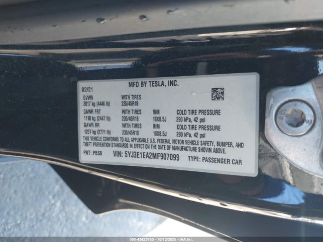 2021 TESLA MODEL 3 5YJ3E1EA2MF907099 Photo 8