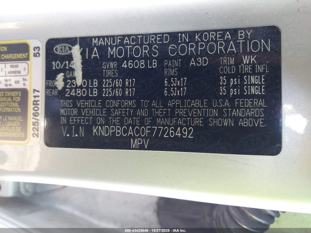 Продажа на аукционе авто 2015 Kia Sportage Lx, vin: KNDPBCAC0F7726492, номер лота: 43425846