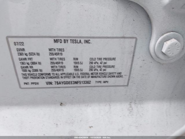 2022 TESLA MODEL Y 7SAYGDEE3NF513362 Photo 8