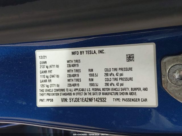 2022 TESLA MODEL 3 5YJ3E1EA2NF142932 Photo 8