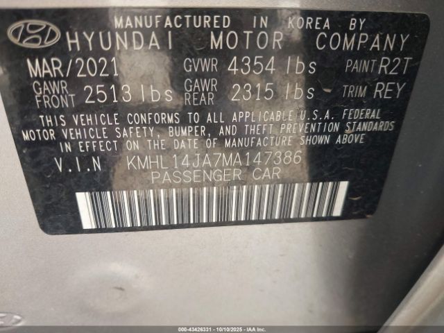 2021 HYUNDAI SONATA KMHL14JA7MA147386 Photo 8